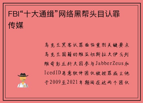 FBI“十大通缉”网络黑帮头目认罪 传媒