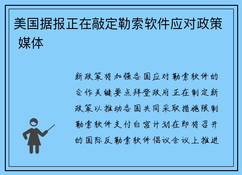 美国据报正在敲定勒索软件应对政策 媒体